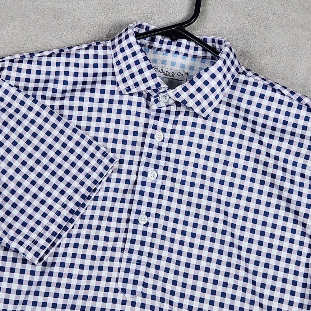 Collars & Co. Polo Shirt Mens Medium Blue Gingham Dress Collar Performance